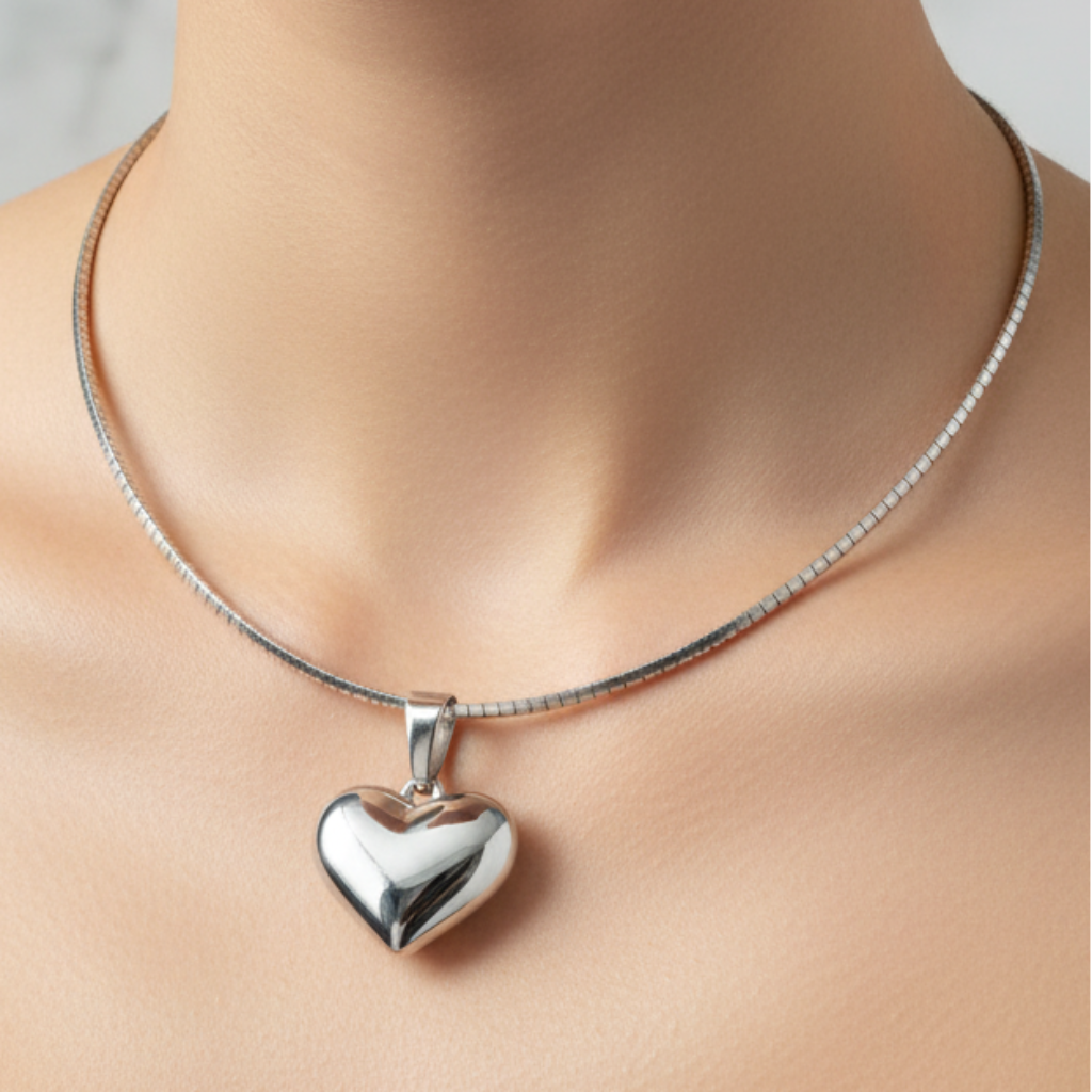 Silver Omega Necklace with Heart Pendant on Model