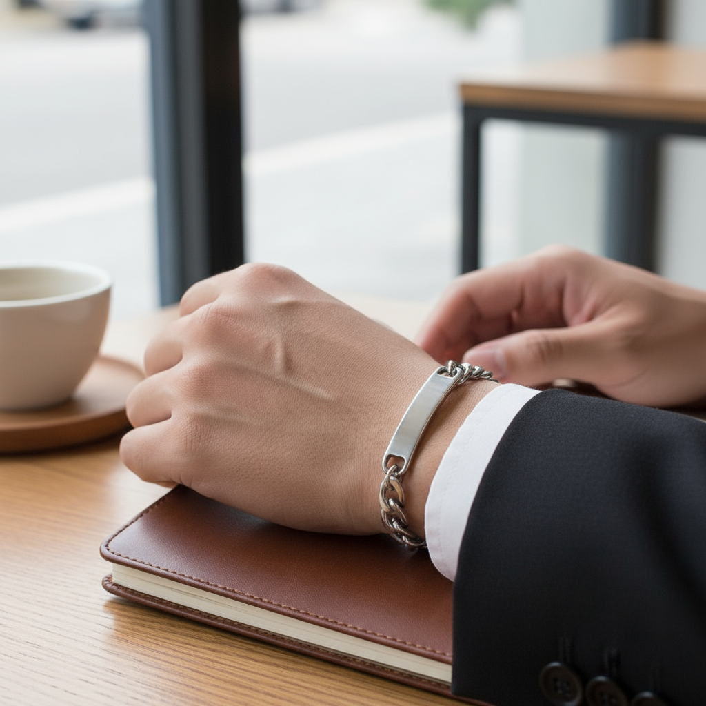 Silver Tag ID Figaro Bracelet on Model