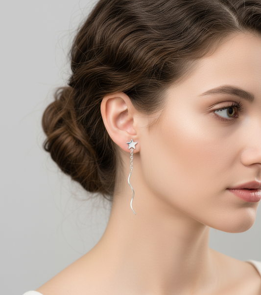 Small Sterling Silver Star Threader Earrings on Model