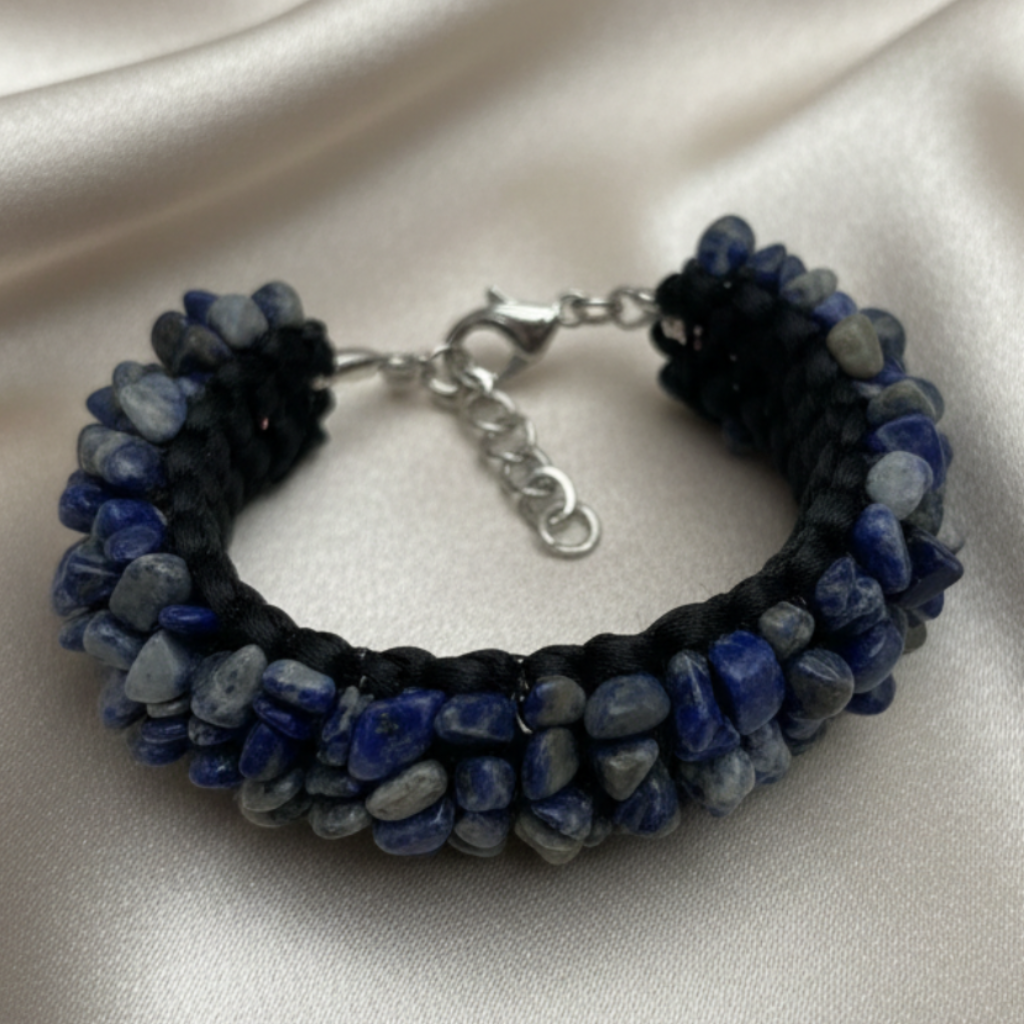 Sodalite Chip Bracelet – Champagne Satin Background