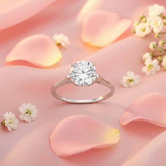 Solitaire ring on pink silk