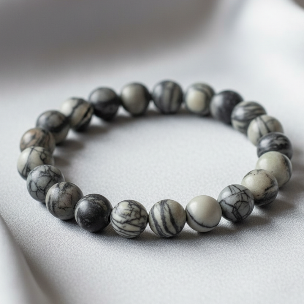 Spider Web Jasper Bracelet – Light Grey Satin Background