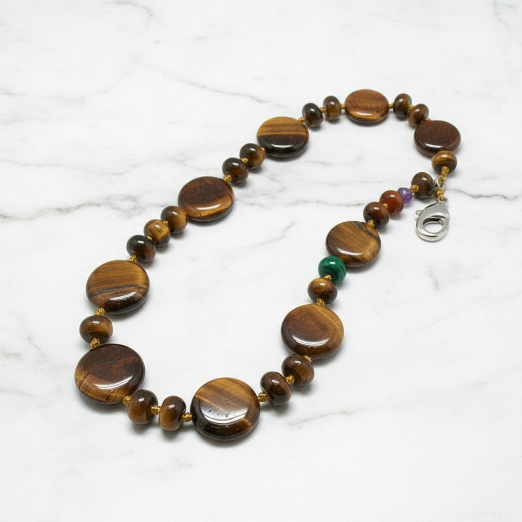 Tiger eye necklace on marble surface
