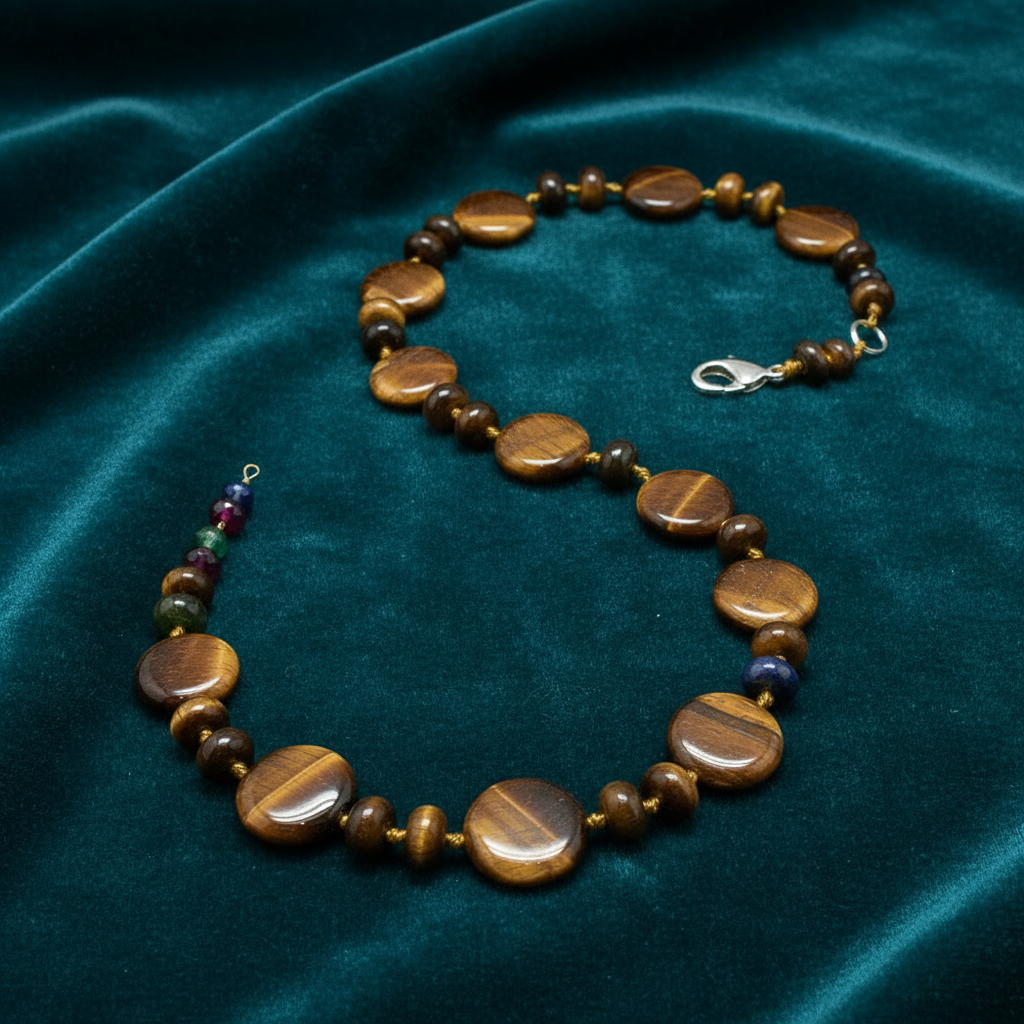 Tiger eye necklace on velvet background