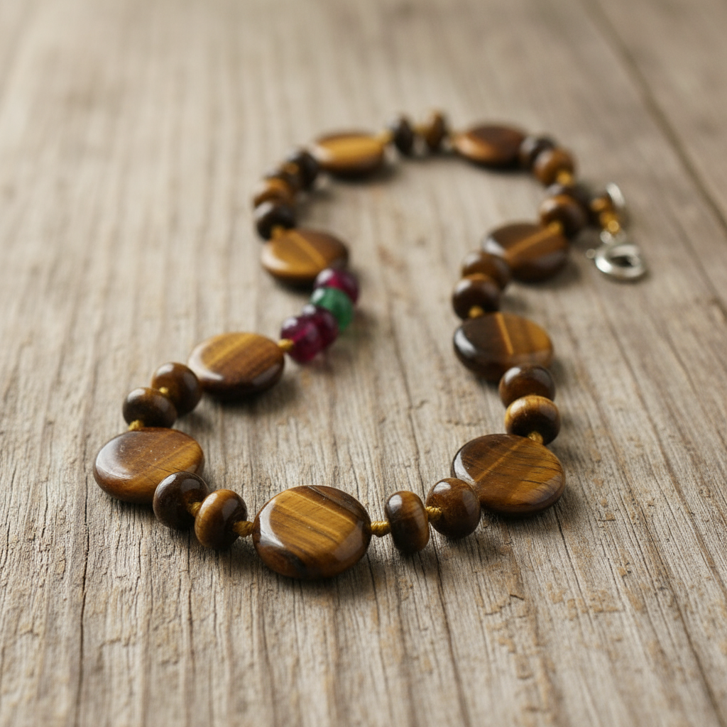 Tiger eye necklace on wooden surface