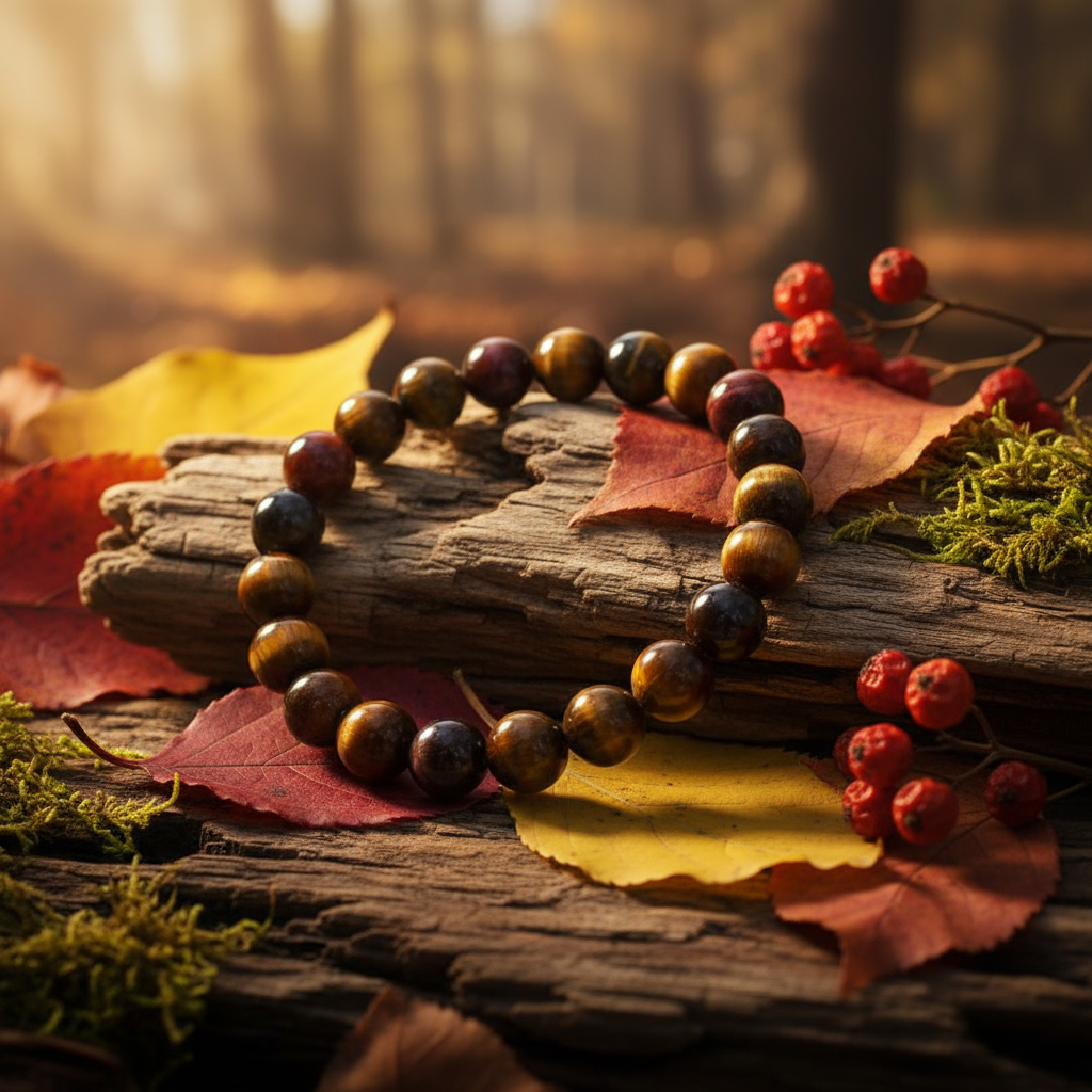 Tiger eye on driftwood with autumn leaves
