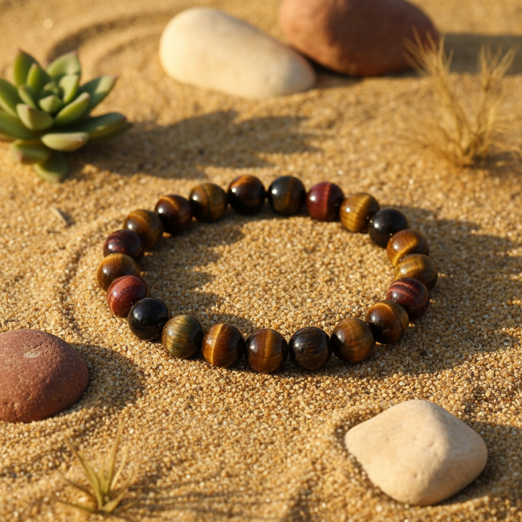 Tiger eye on sand with stones