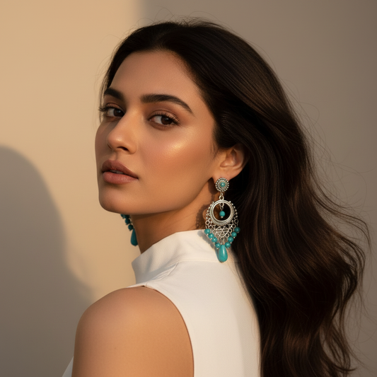 Turquoise Chandelier Earrings Over Shoulder