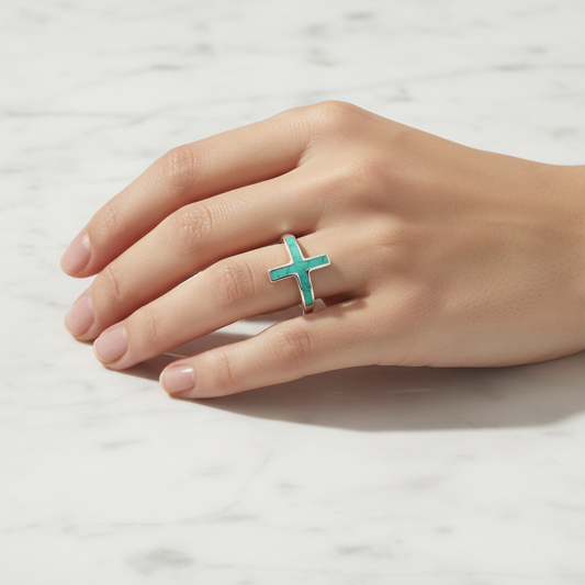 Turquoise Cross Ring on Marble