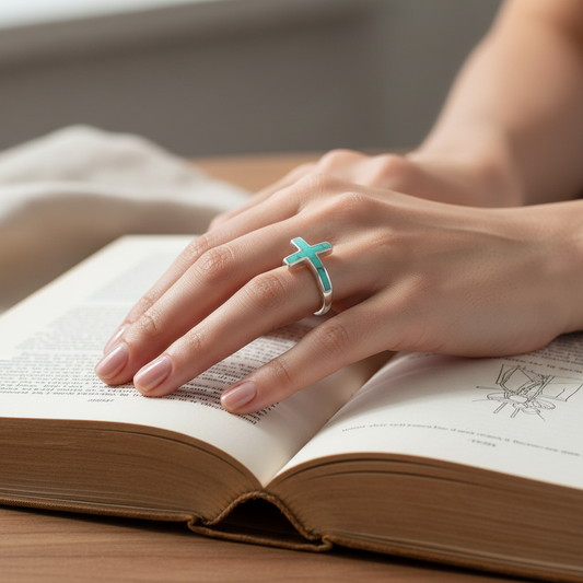Turquoise Cross Ring with Book