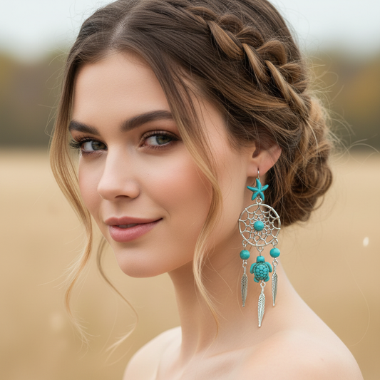 Turquoise Dreamcatcher Earrings - Editorial Portrait