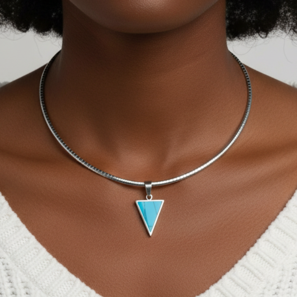 Turquoise Omega Necklace – Black Model White Sweater
