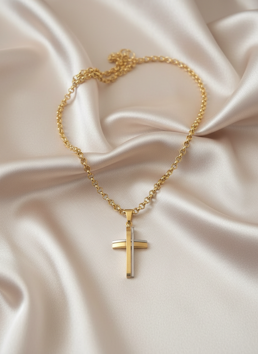 Two-tone cross necklace on satin