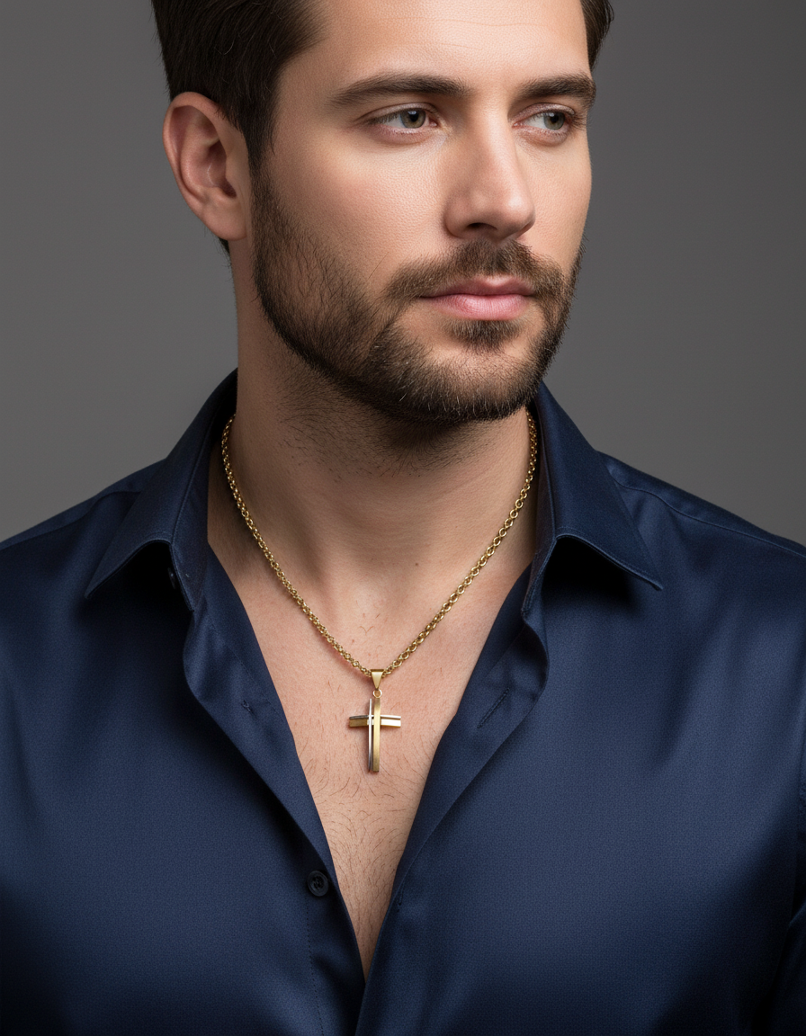 Two-tone cross necklace product hero with model