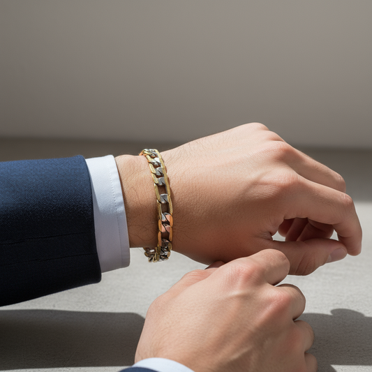 Two-Tone Figaro Chain Bracelet on Male Model