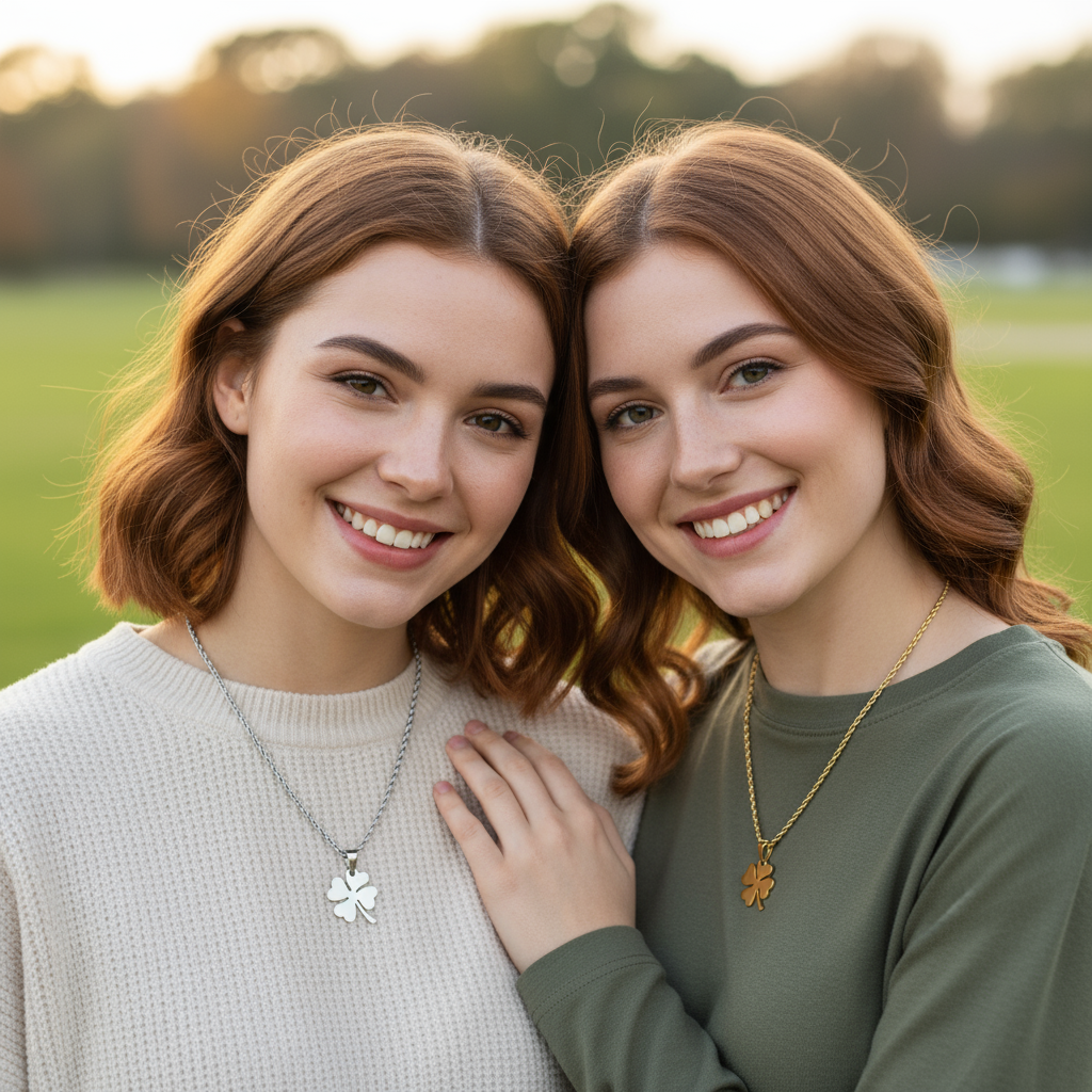Two young adult sisters with similar features wearing matching clover necklaces