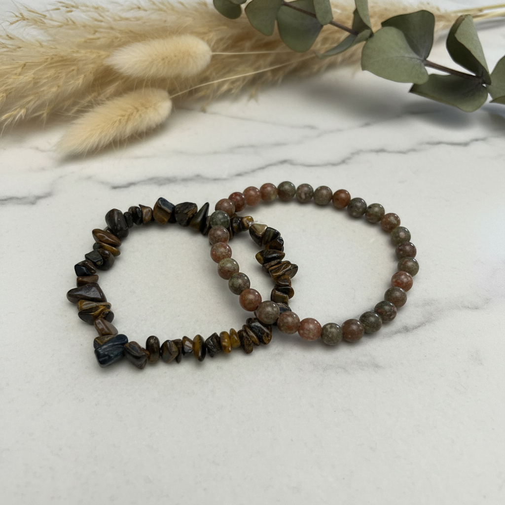 Unakite and Tiger Eye bracelet set with elegant background