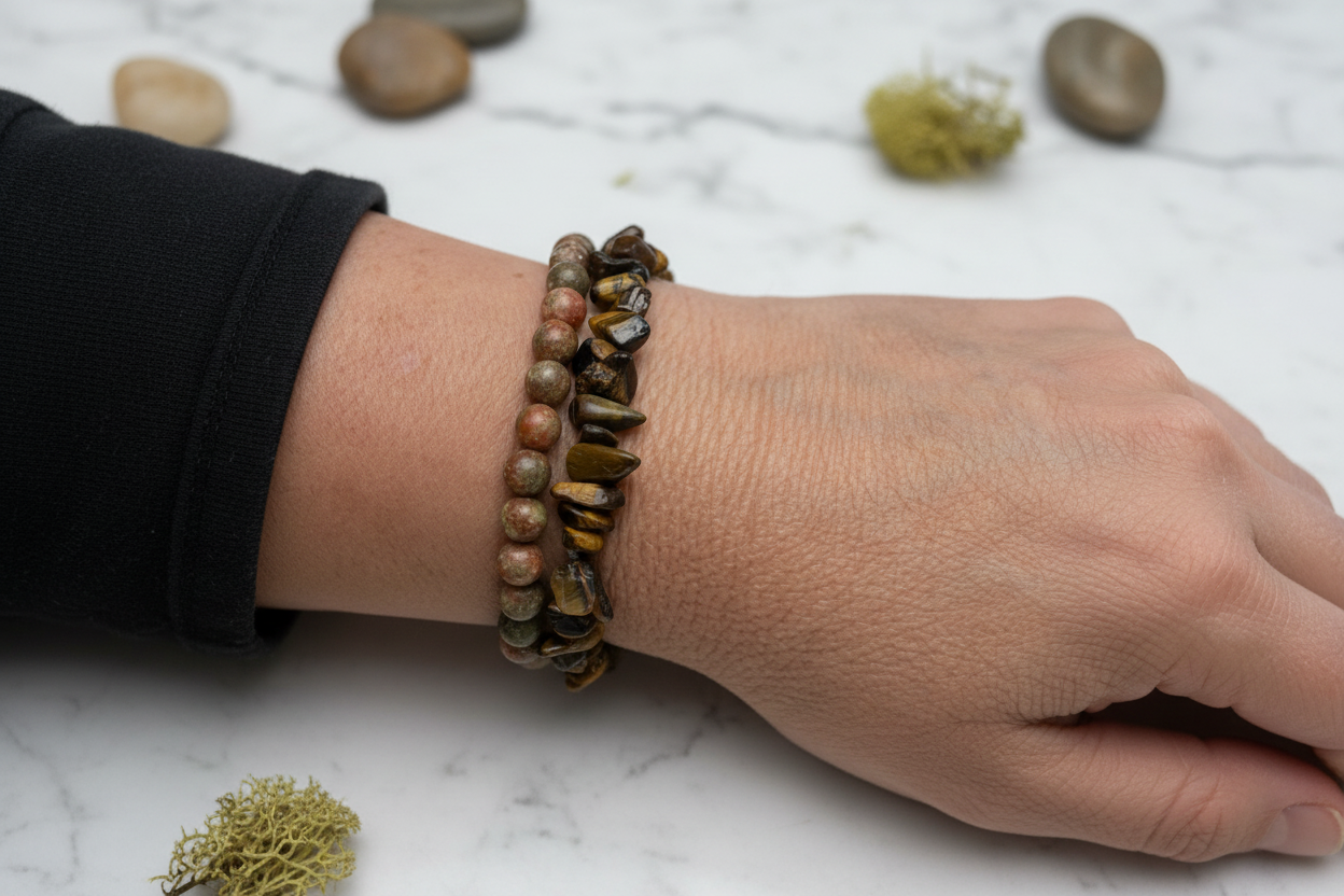 Unakite and Tiger Eye bracelets on wrist