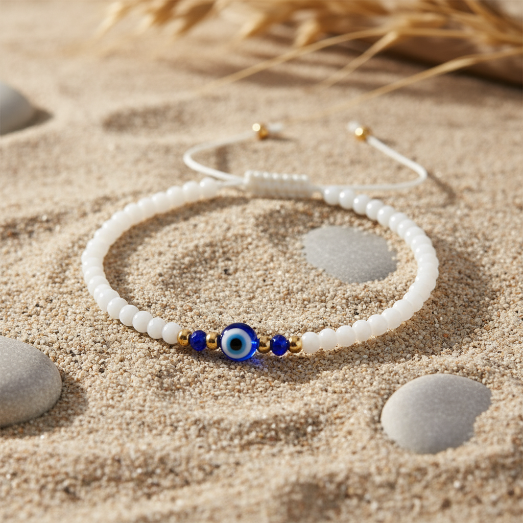 White Evil Eye Adjustable Bracelet - Natural Sand