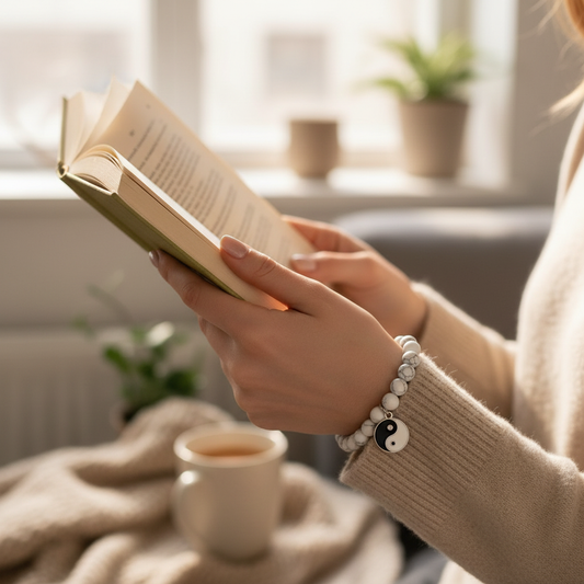 White howlite bracelet - holding book