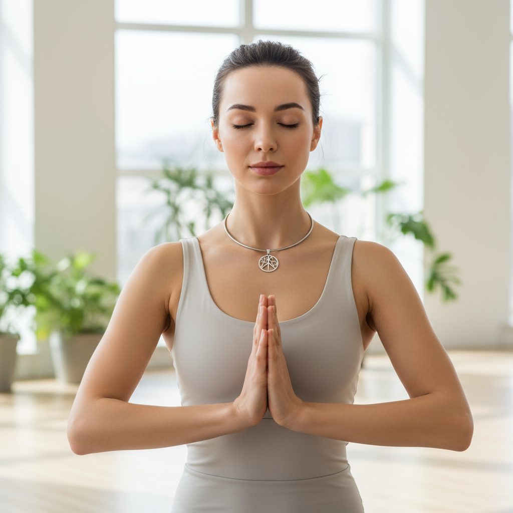 Woman practicing yoga wearing peace sign necklace