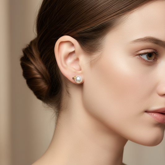 Woman wearing small 7mm white pearl stud earrings