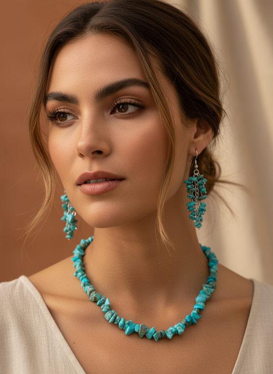 Woman wearing turquoise chip stone necklace and earrings set