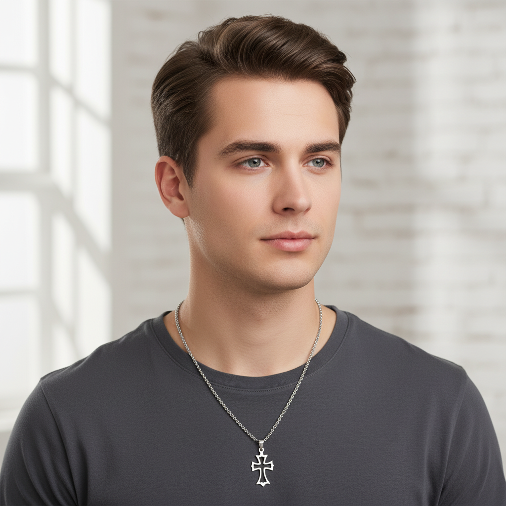 Young man wearing 18-inch cross necklace at collarbone